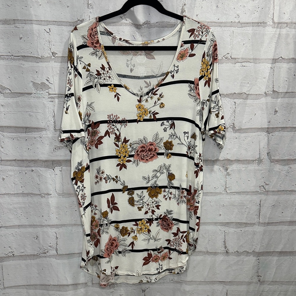 Maurices Floral Striped Short Sleeve Top - Cream, Pink, Brown